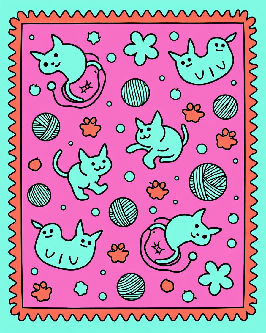 Whimsical Teal 5 Cats Pattern Rug