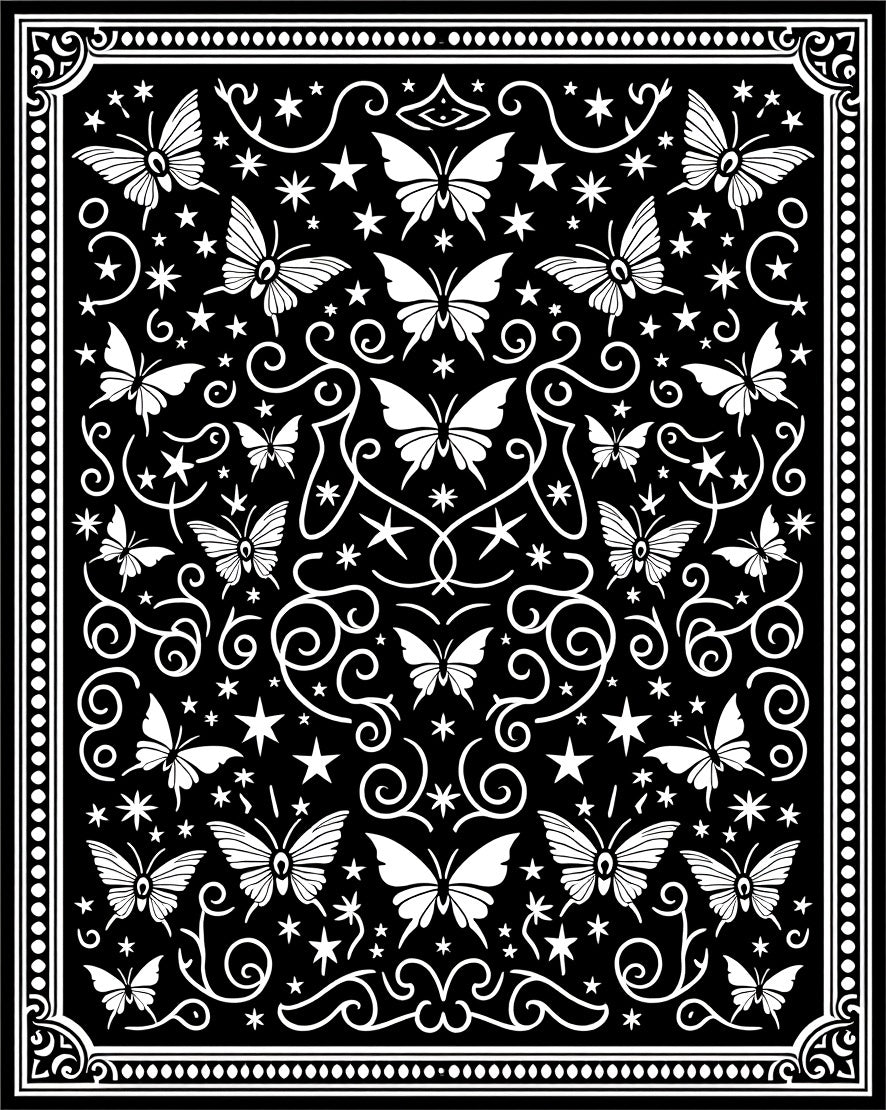 Black Butterfly Swirl Star Pattern Rug