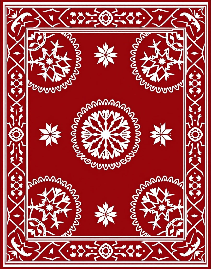 Classic Red With White Snowflake Motif Rug