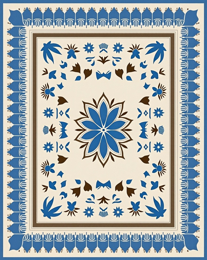 Bold Blue Cream Floral Garden Rug