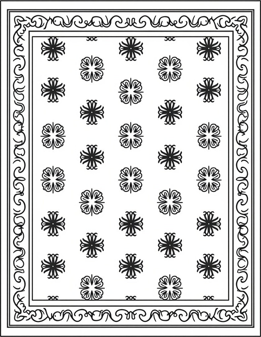 Intricate Black Floral Motif Bordered Rug