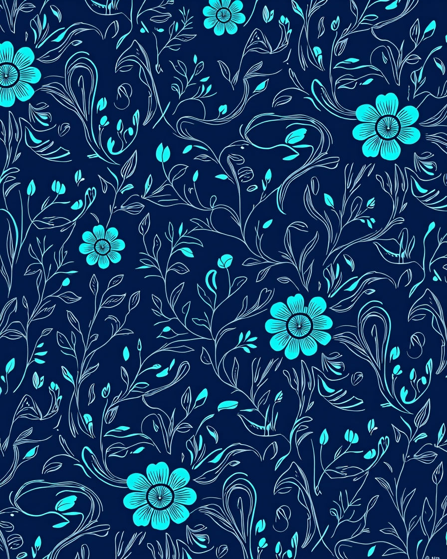 Navy Cyan Floral Vine Pattern Rug