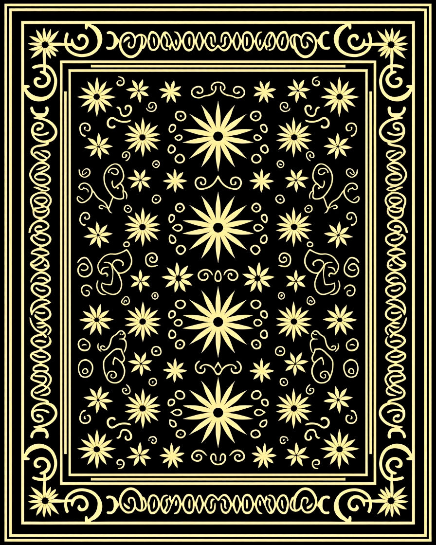 Black Golden Floral Scroll Border Rug