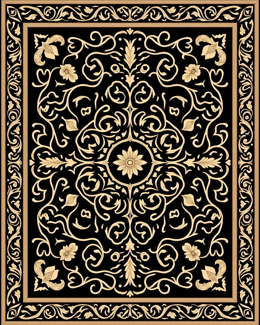 Vintage Black Gold Floral Pattern Rug