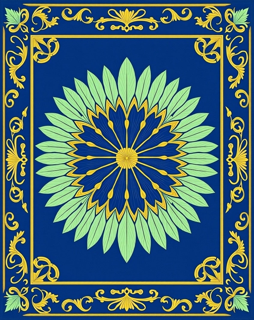 Intricate Blue Gold Floral Mandala Rug