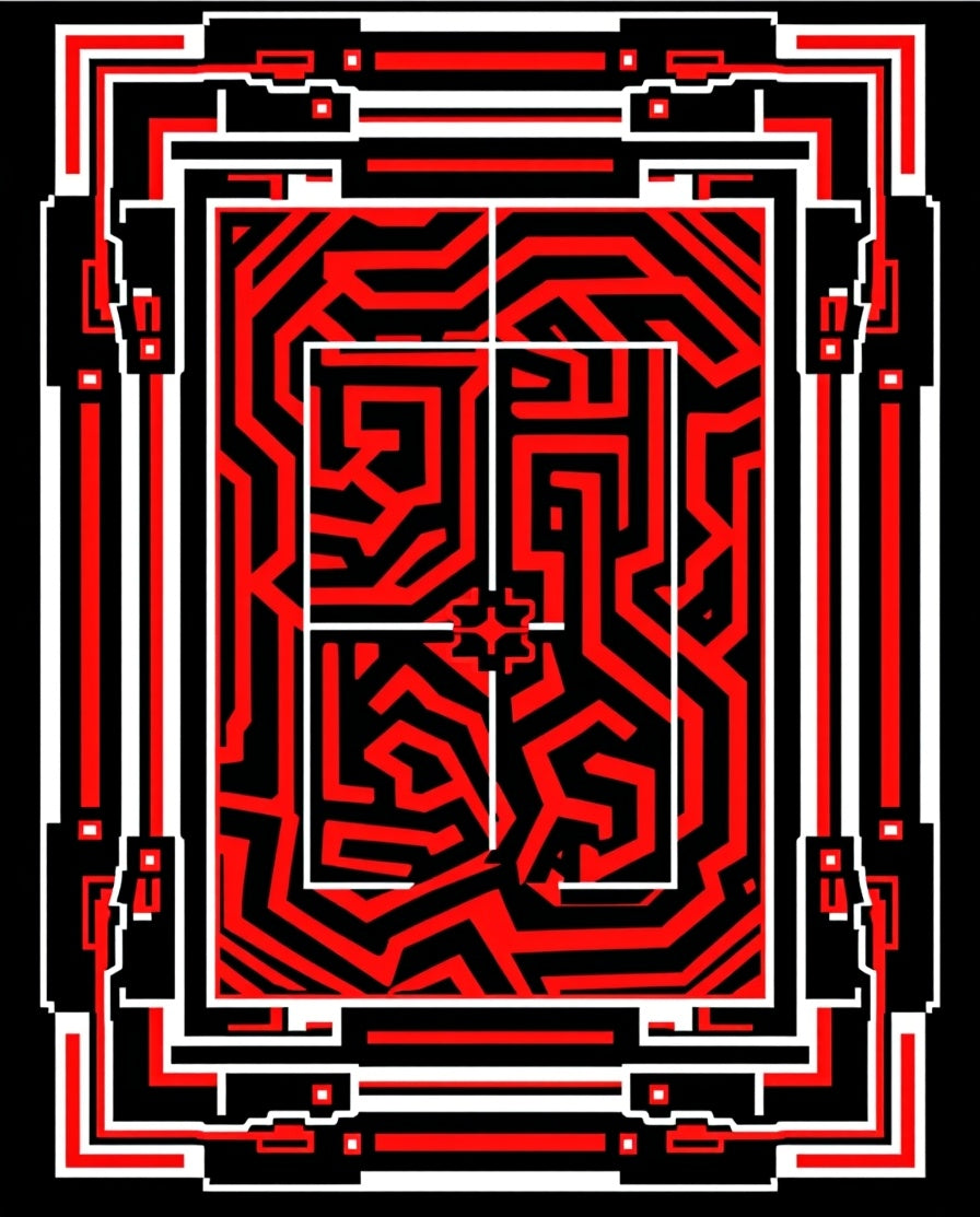 Bold Red Black Geometric Maze Rug