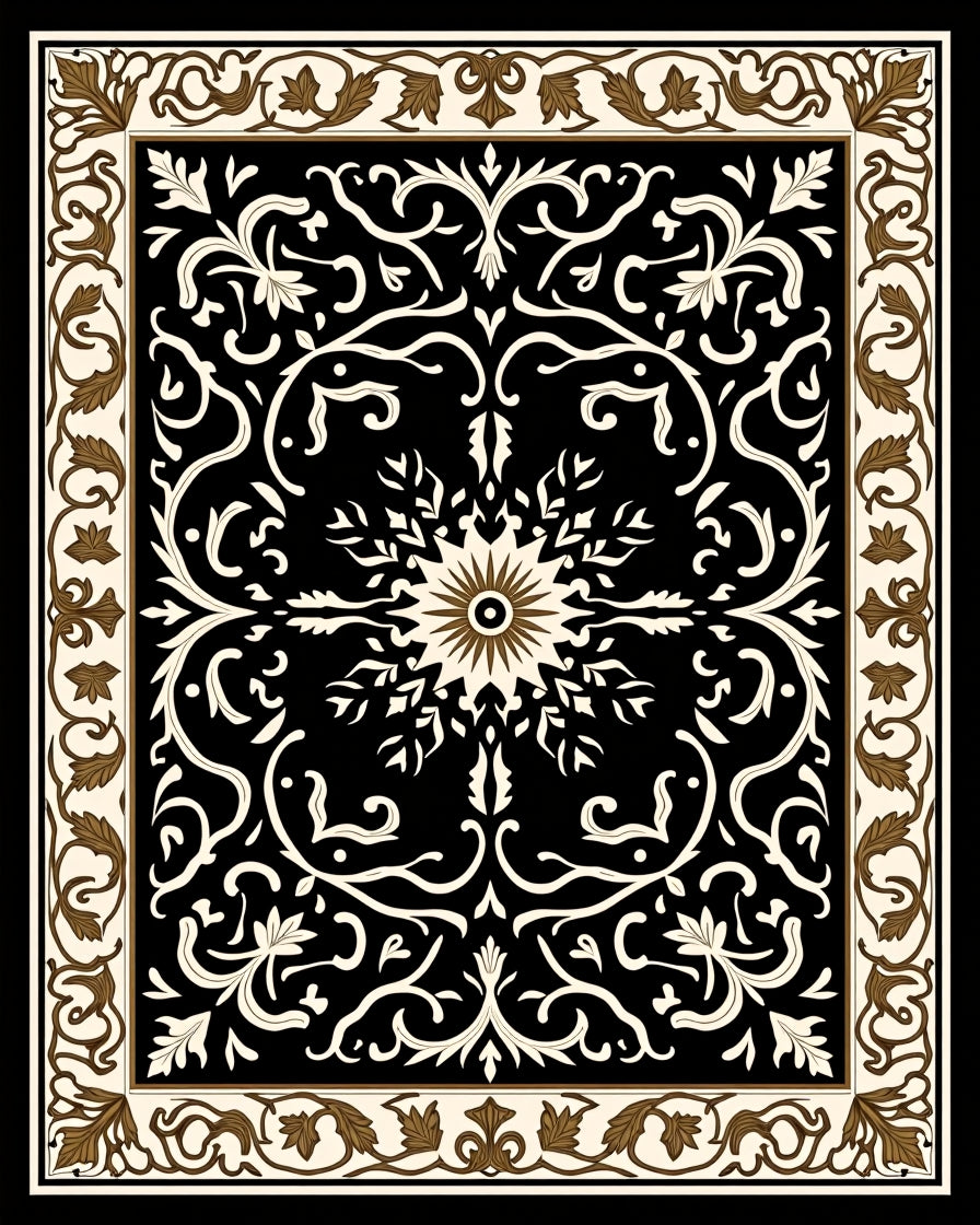 Black Floral Scrollwork Leaf Pattern Rug