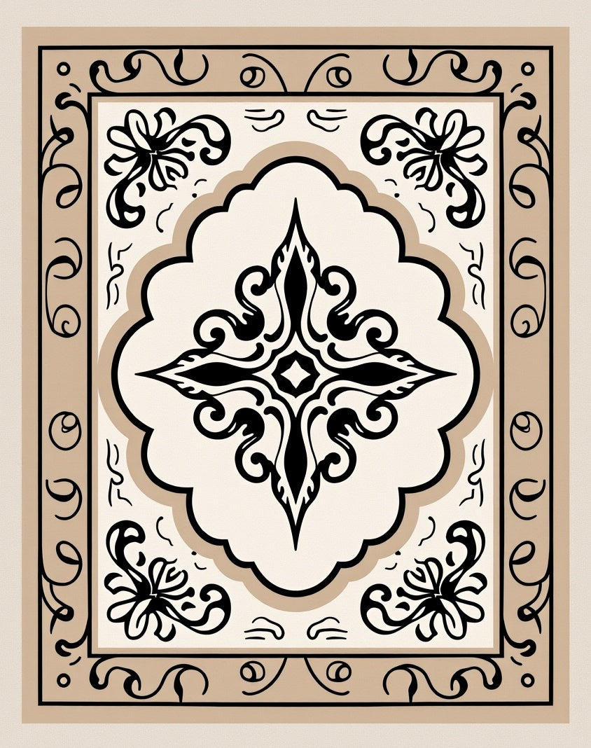 Ornate Black and Tan Medallion Rug