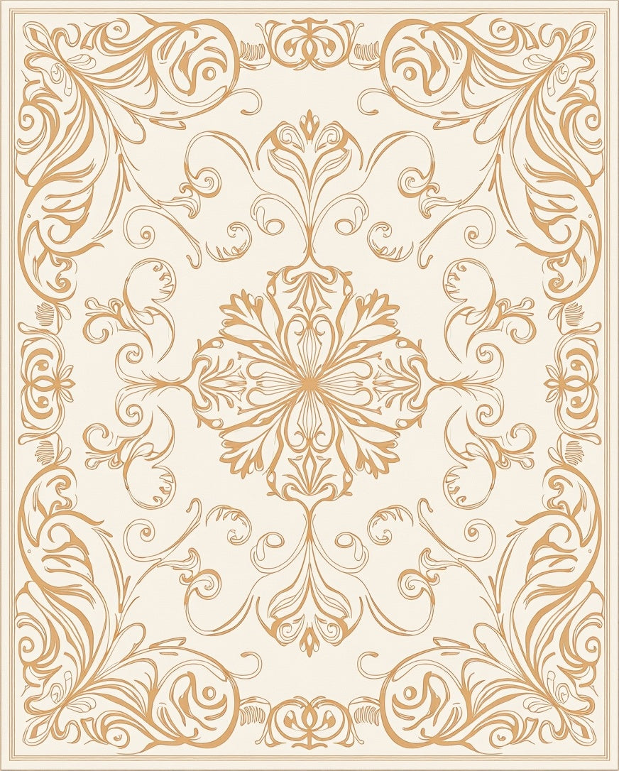 Ornate Golden Floral Scrollwork Pattern Rug