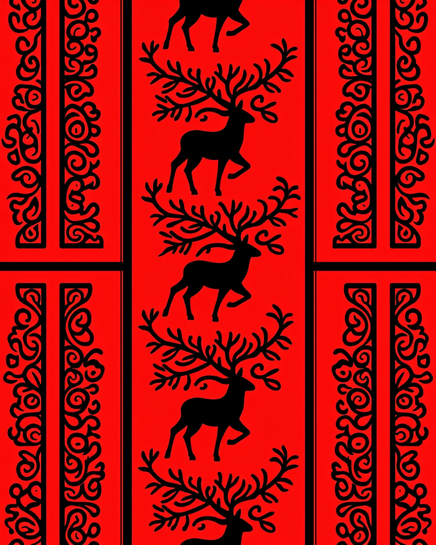 Red Black Deer Scroll Pattern Rug