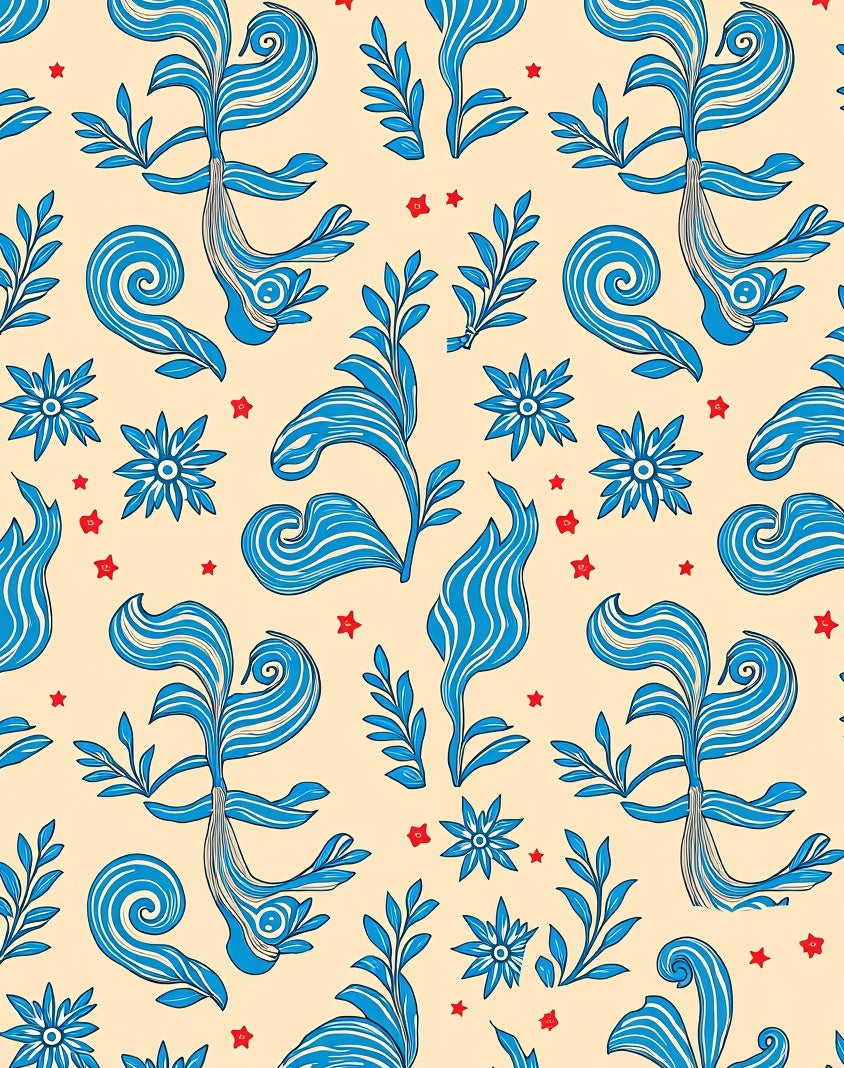 Whimsical Blue Floral Swirl Pattern Rug