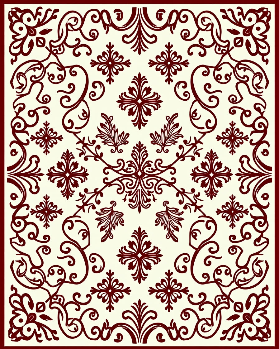 Ornate Red Floral Scroll Pattern Rug