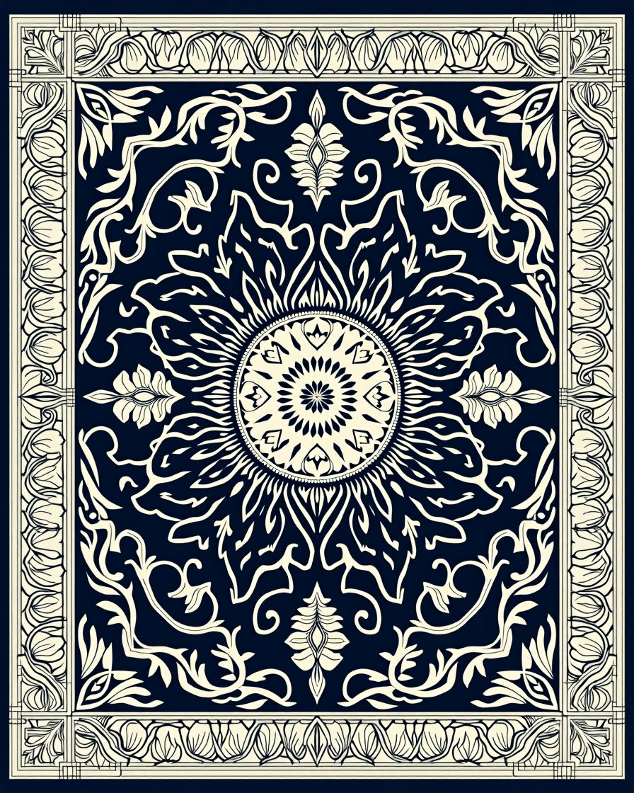 Ornate Sunburst Floral Scrollwork Design Rug