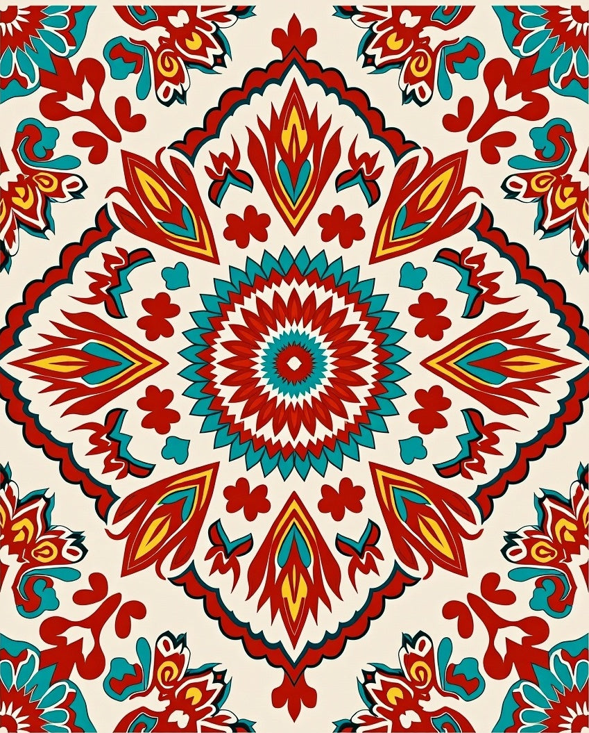 Bold Red Teal Floral Medallion Rug