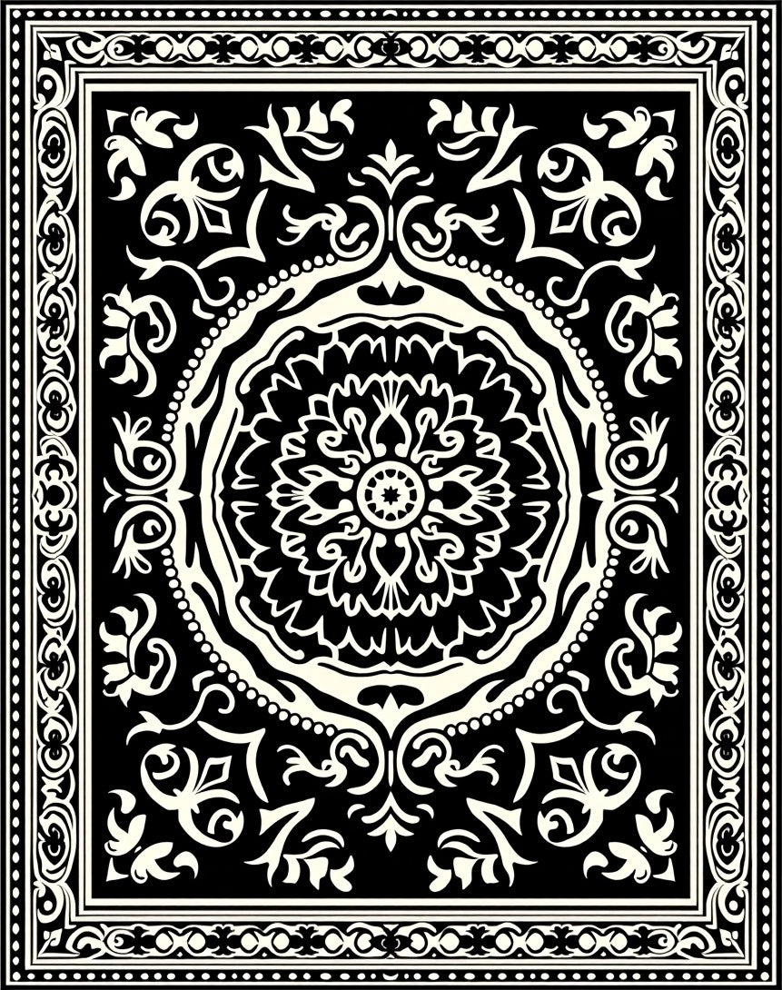 Ornate Black White Mandala Rug