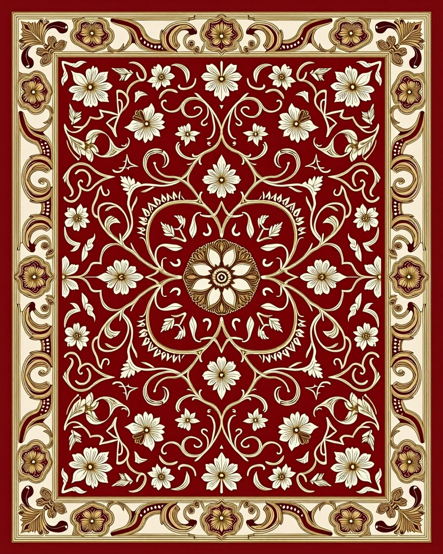 Red Floral Swirls with Golden Accents Rug