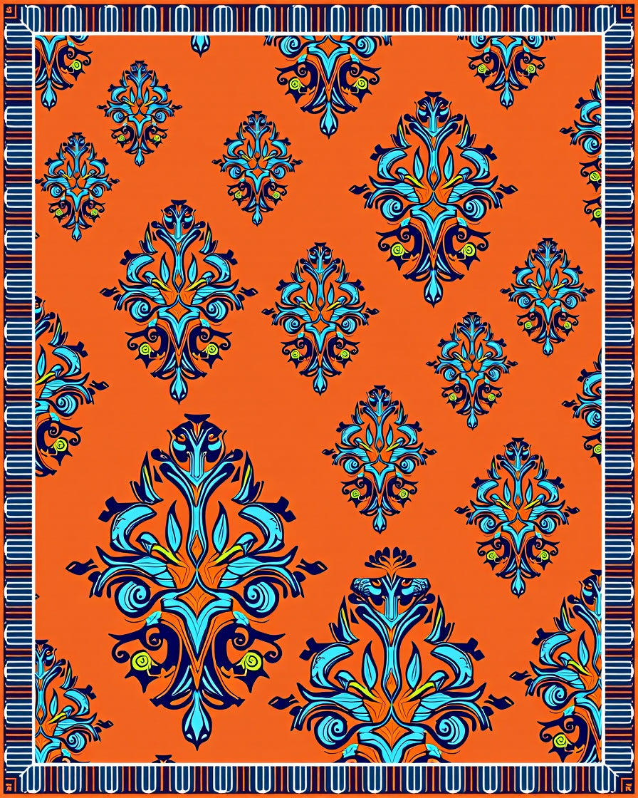 Ornate Blue Teal Orange Pattern Rug