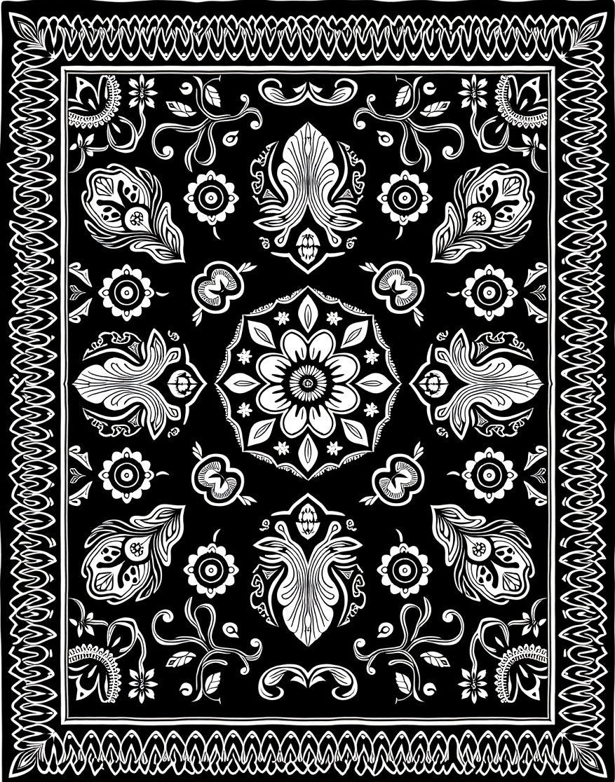 Black White Vintage Floral Crest Rug