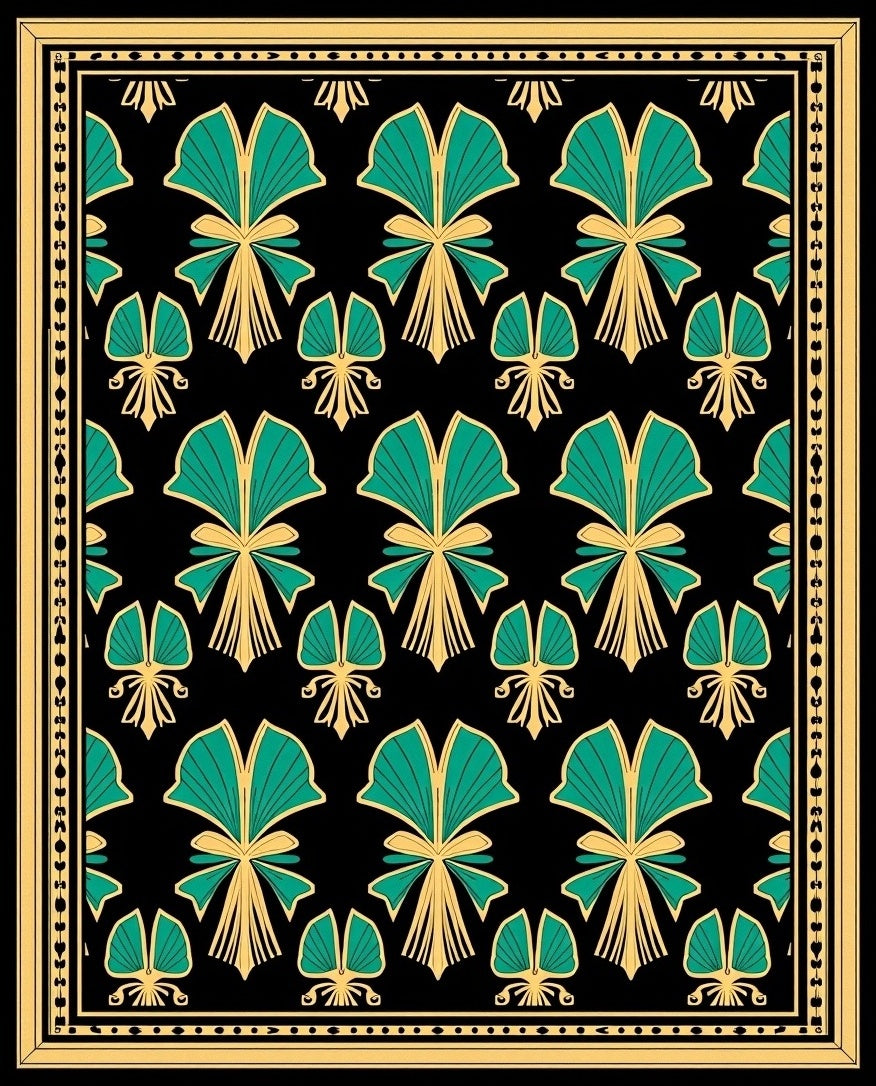 Elegant Gold Green Fan Pattern Rug