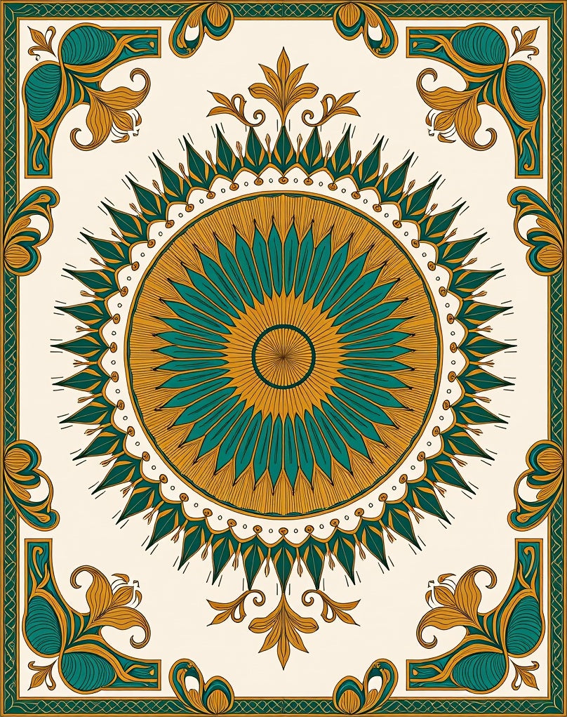 Elegant Teal Gold Mandala Design Rug