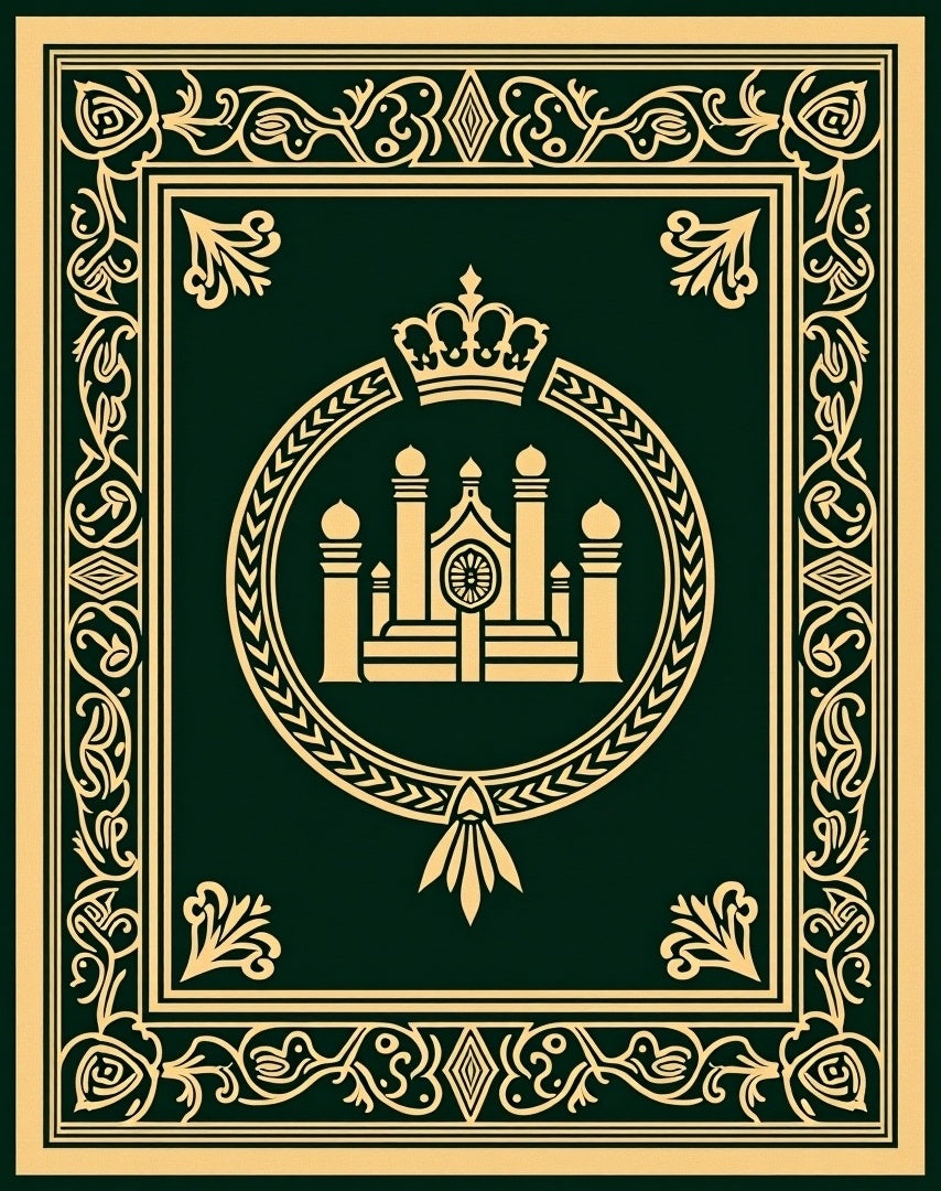 Ornate Golden Royal Emblem Border Rug