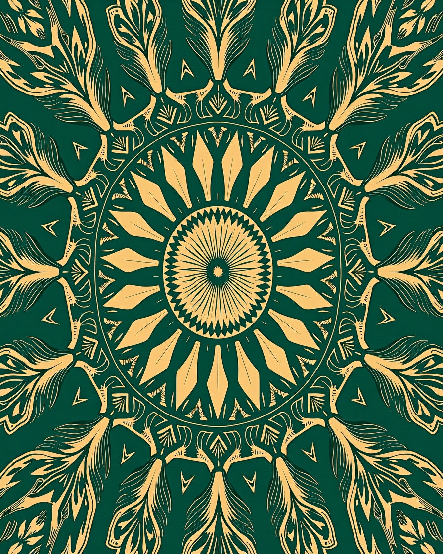 Intricate Green Gold Mandala Design Rug