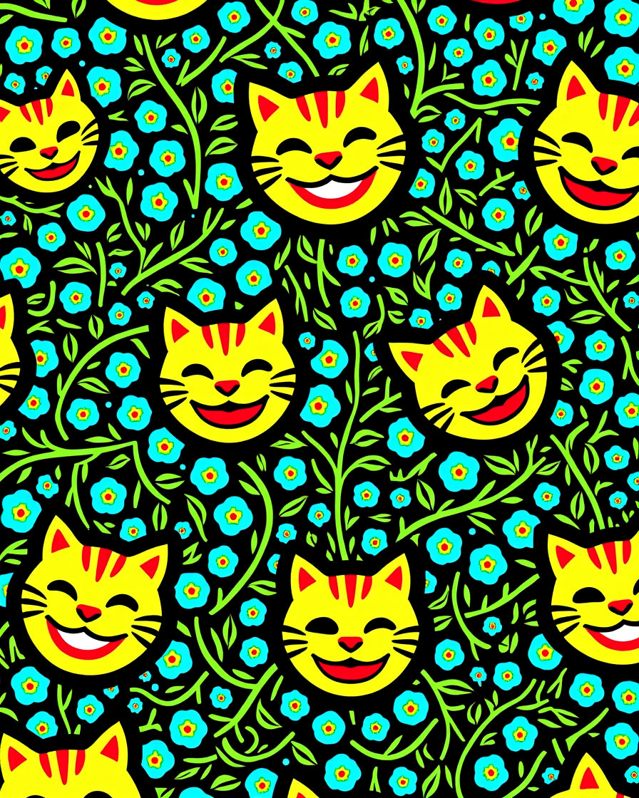 Whimsical Yellow Cat Floral Print Rug