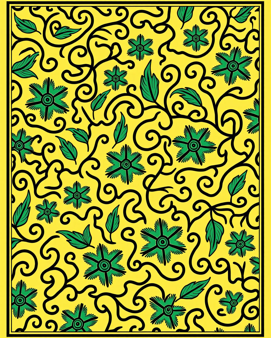 Vibrant Yellow Green Vine Pattern Rug