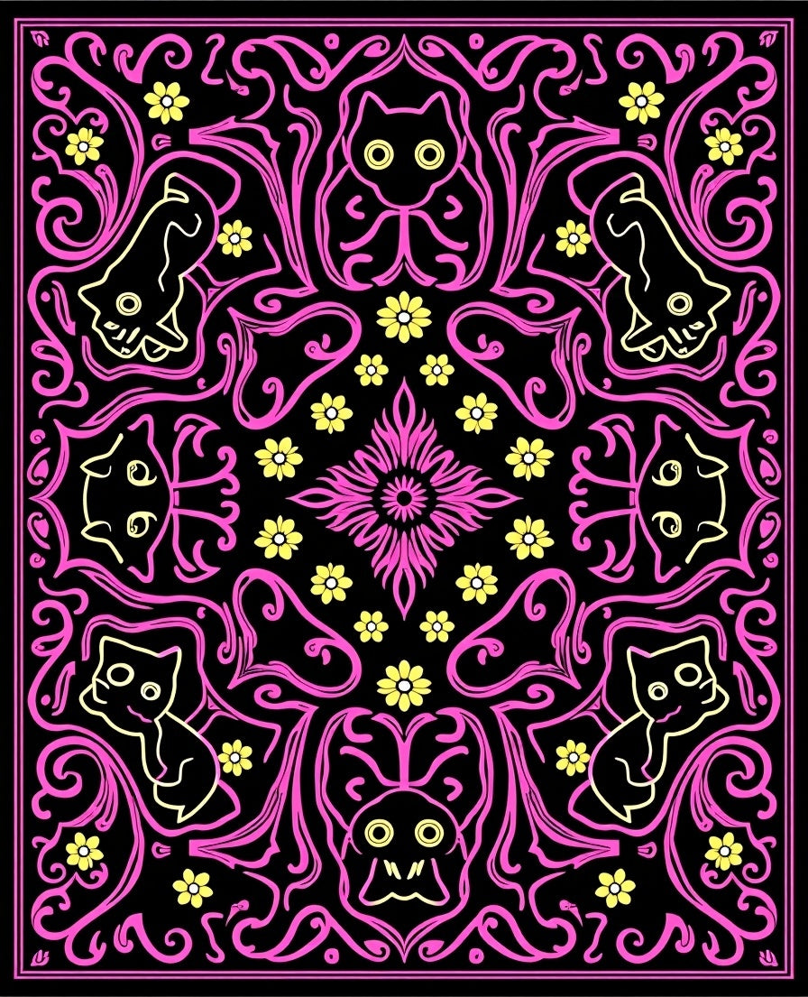 Whimsical Cat Floral Symmetry Rug