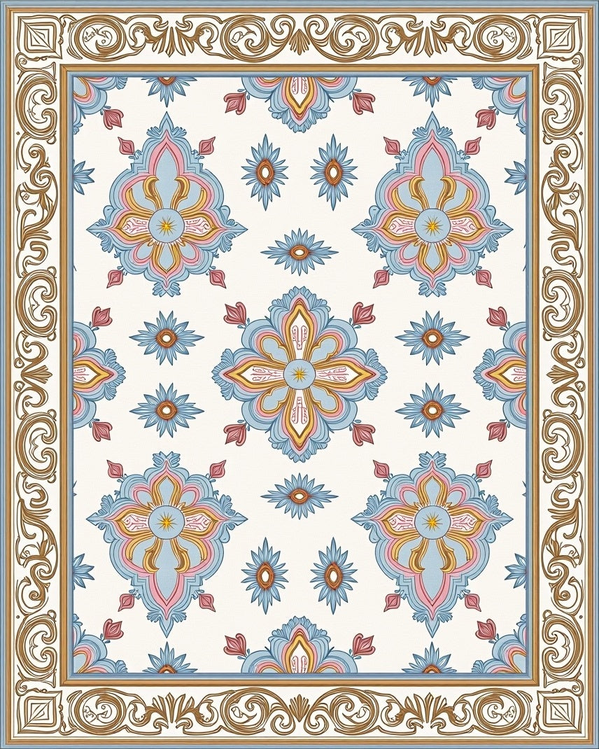 Floral Medallion Pattern Tile Rug