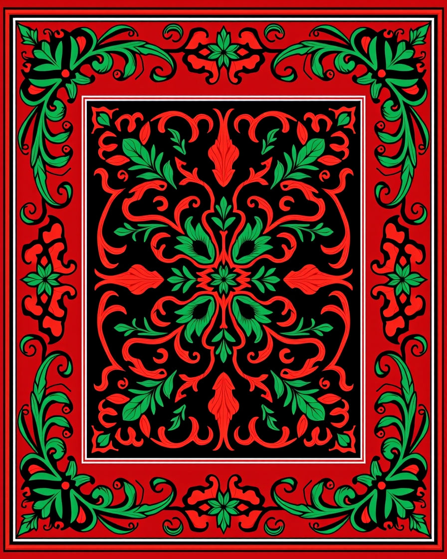 Red Green Floral Scroll Design Rug