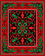 Red Green Floral Scroll Design Rug