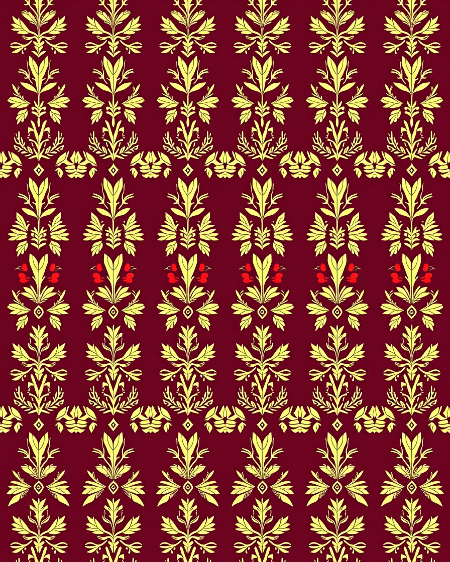 Maroon Gold Floral Botanical Pattern Rug