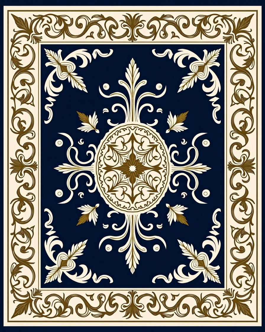Ornate Floral Scrollwork Navy Rug