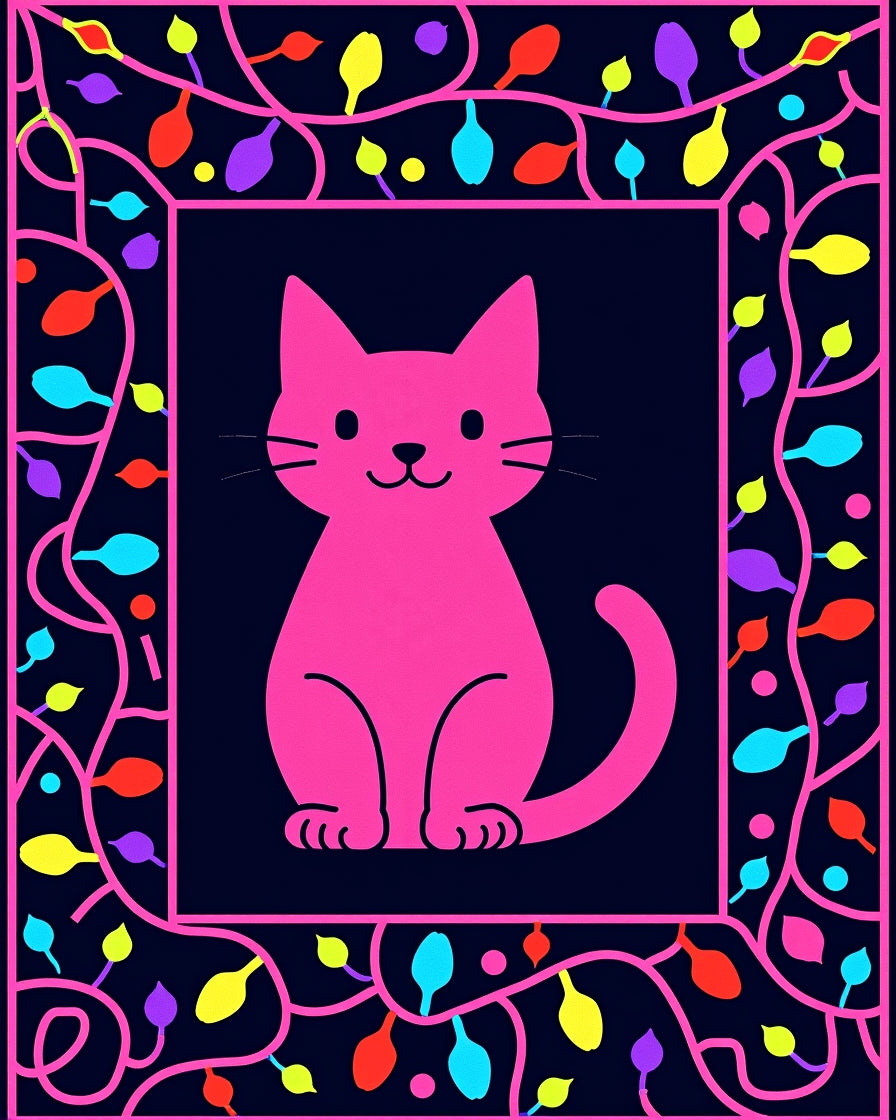 Playful Pink Cat Tropical Leaves Rug