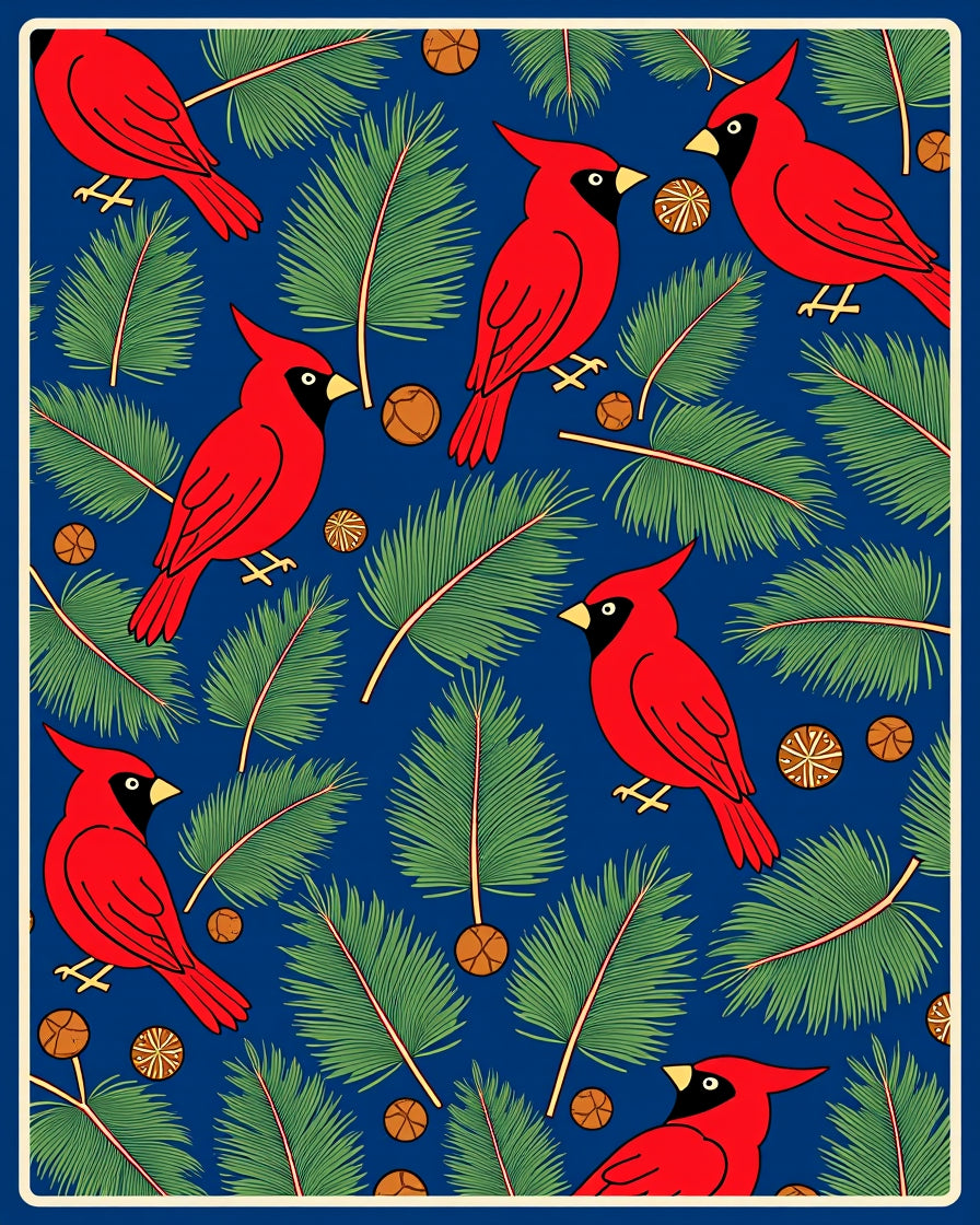 Bright Red Cardinals Pine Sprigs Pattern Rug