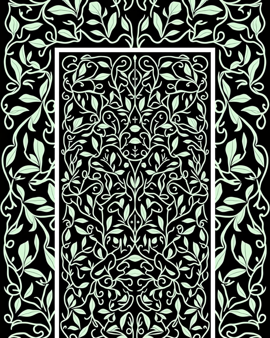 Black Light Green Botanical Vine Accents Rug