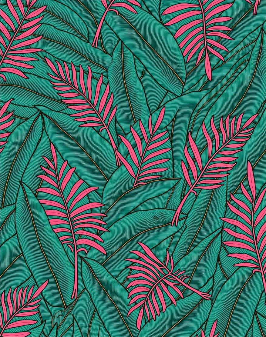 Tropical Teal Pink Palm Leaf Collage Rug
