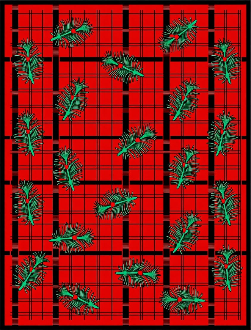 Red Plaid Pine Branch Pattern Rug