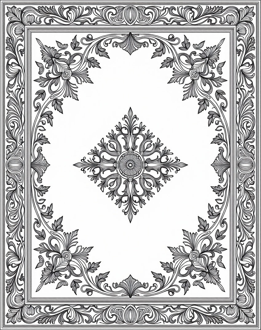 Intricate Floral Scroll Border Design Rug