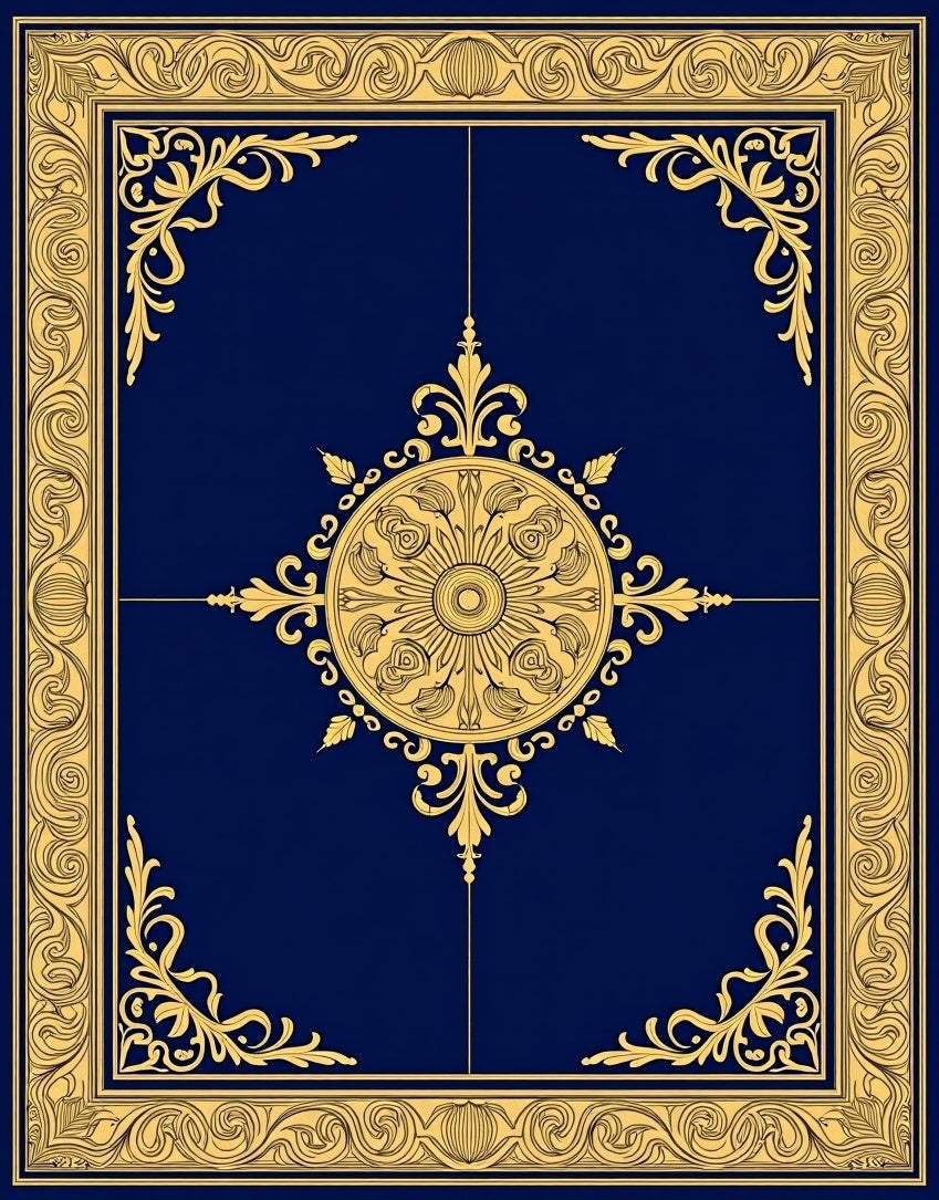Ornate Golden Floral Medallion Border Rug