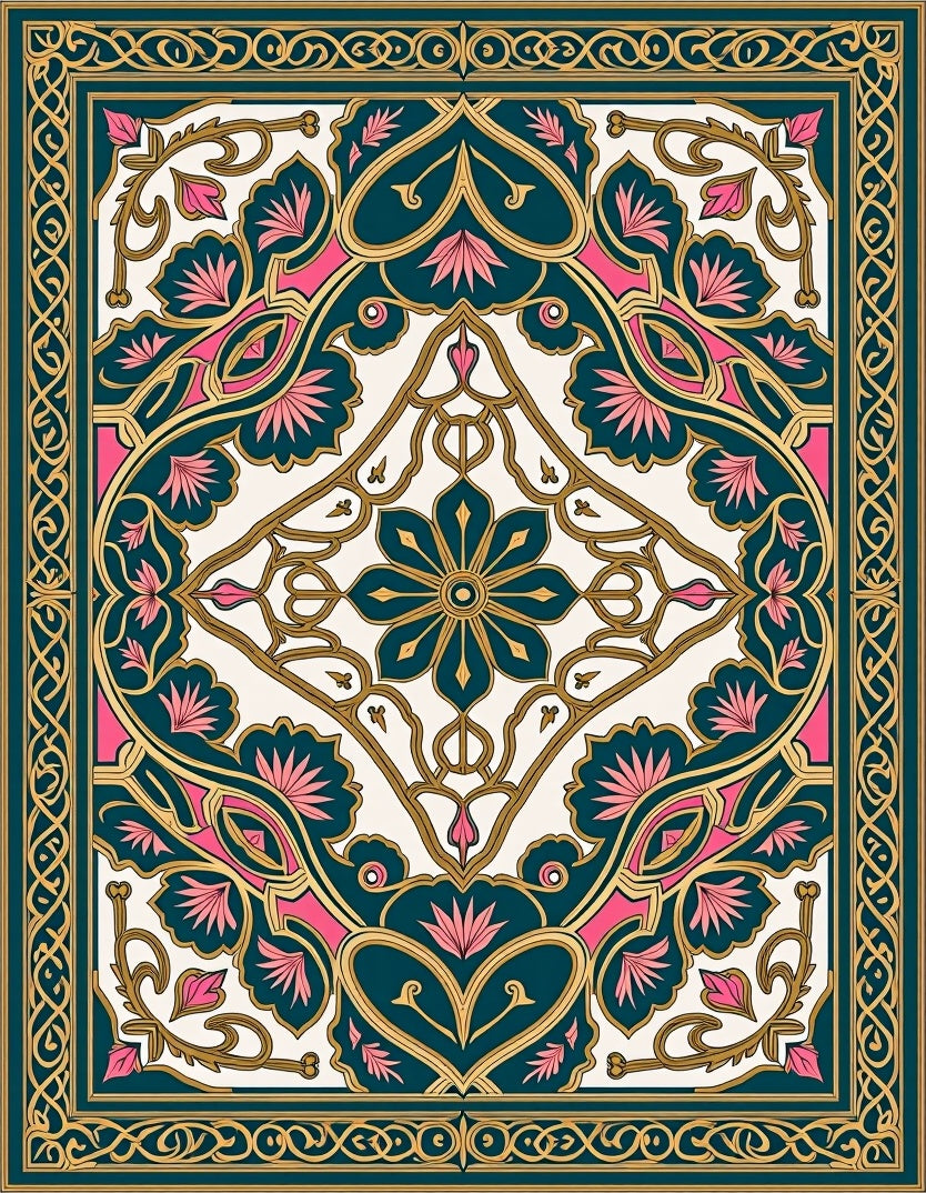 Ornate Teal Pink and Gold Design Rug