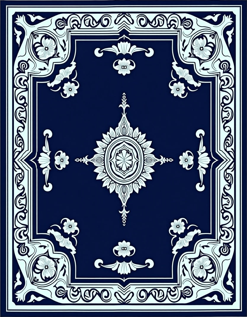 Dark Blue Floral Medallion Pattern Rug