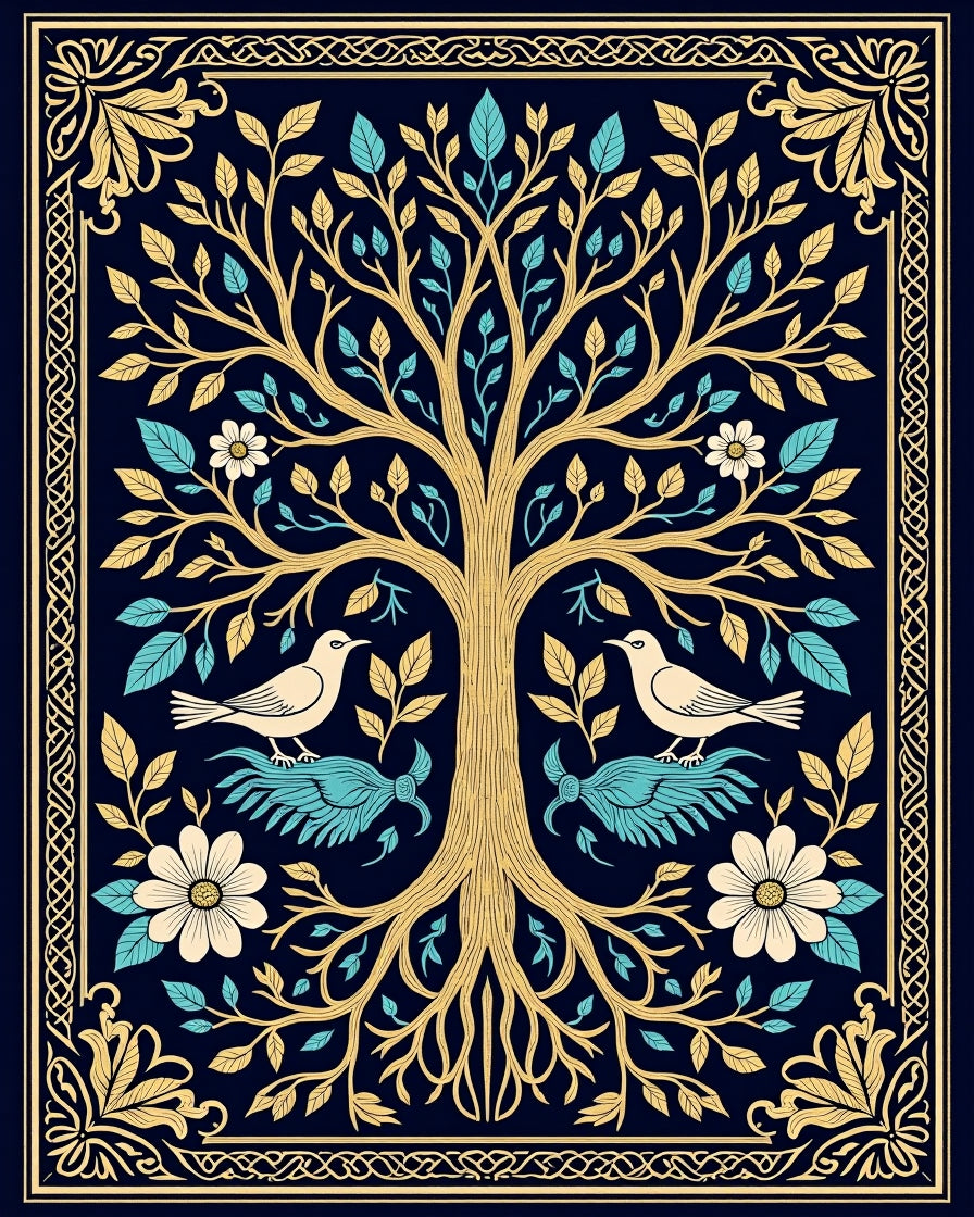 Tree of Life Birds Floral Border Design Rug