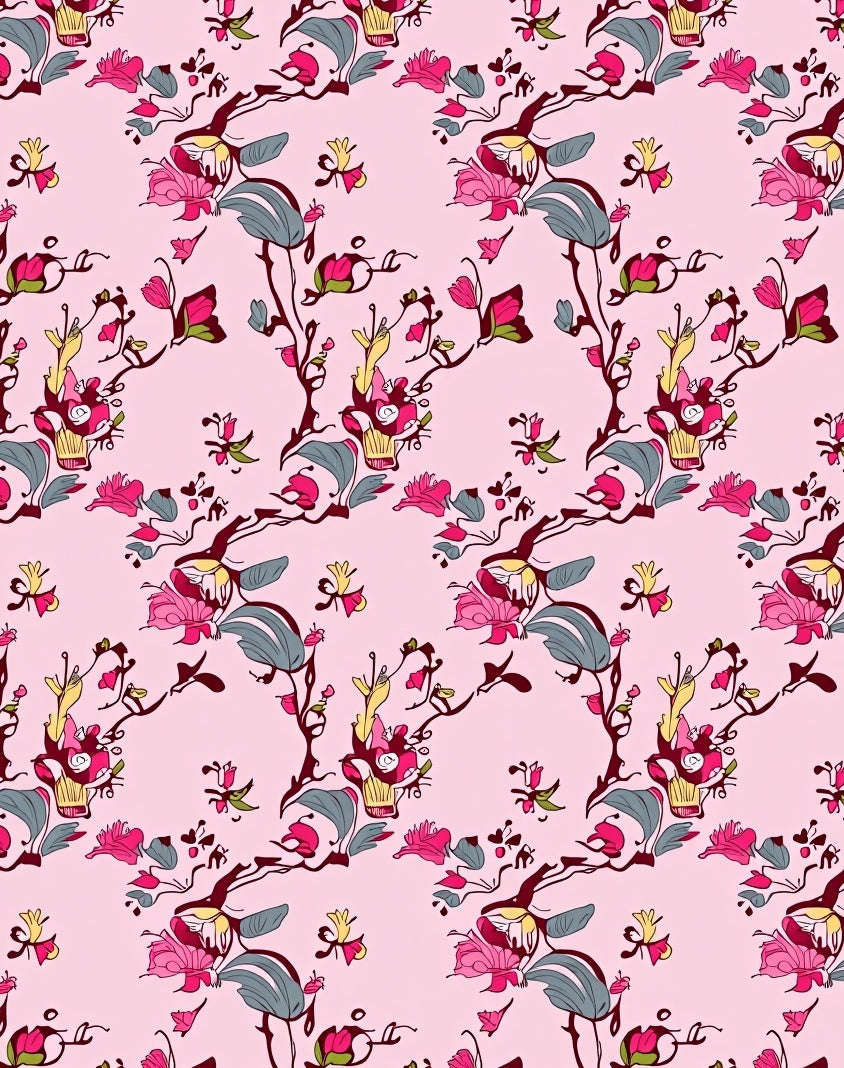Pink Floral Branch Pattern Rug