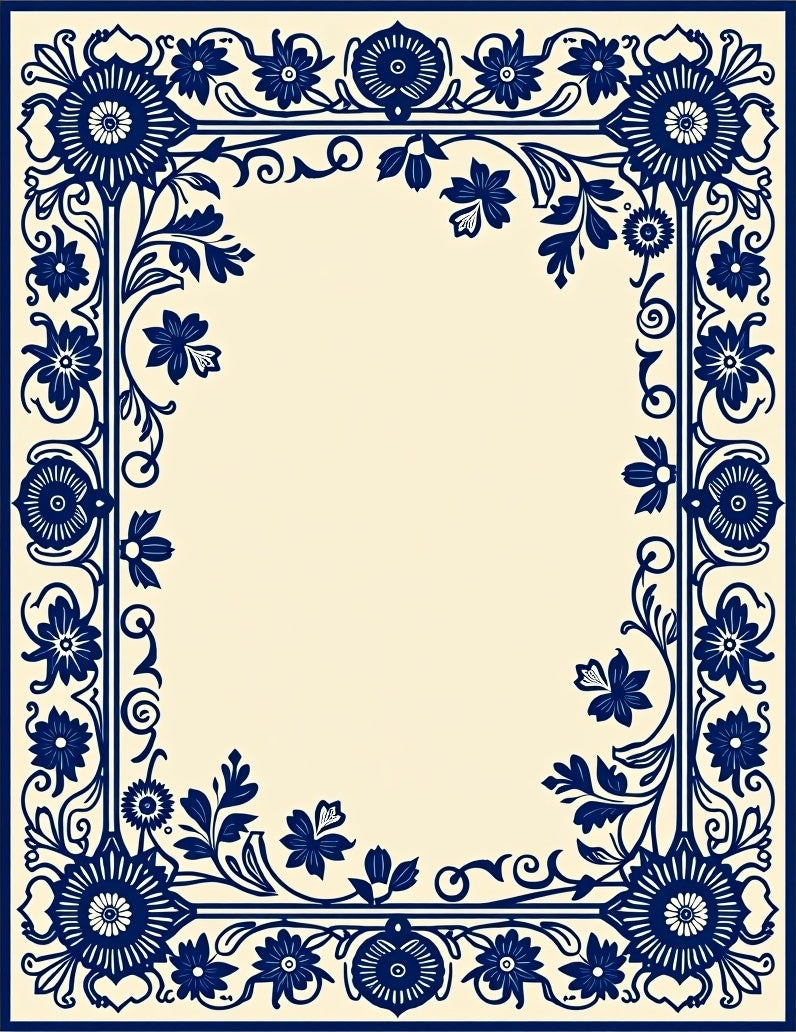 Classic Blue Floral Botanical Border Rug