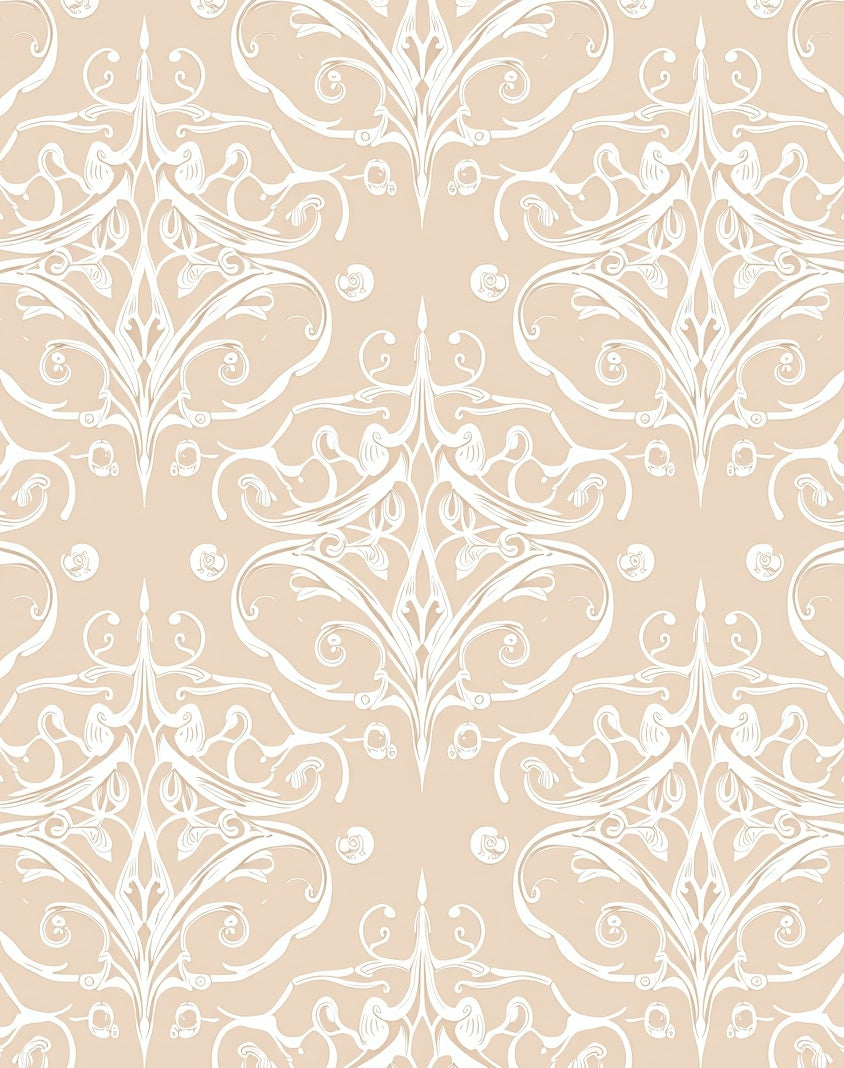 White Filigree Damask On Beige Rug