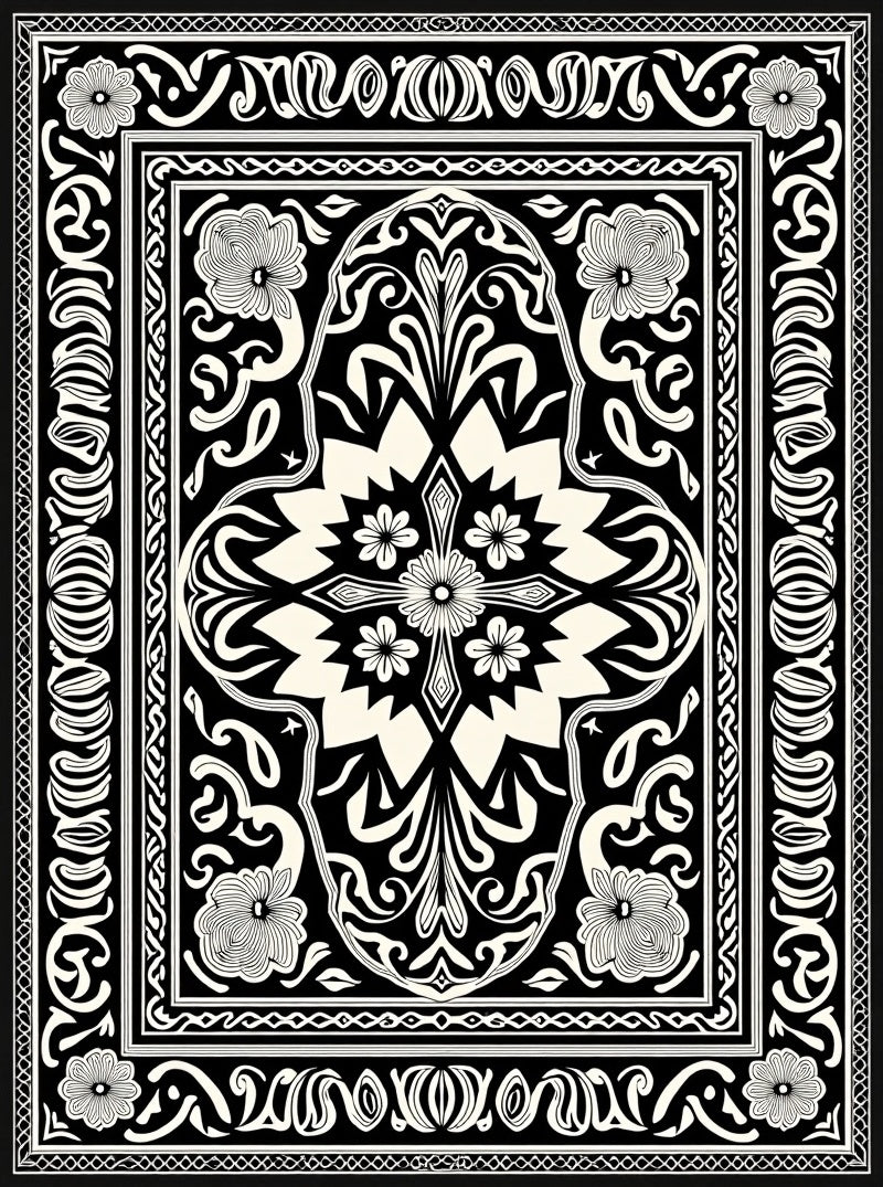 Elegant Black Floral Scrollwork Design Rug