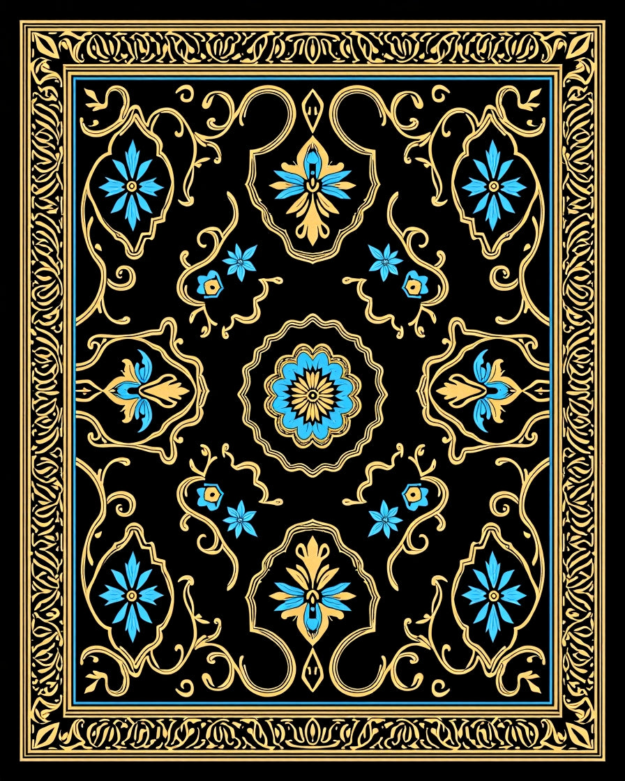 Ornate Black Gold Floral Border Rug