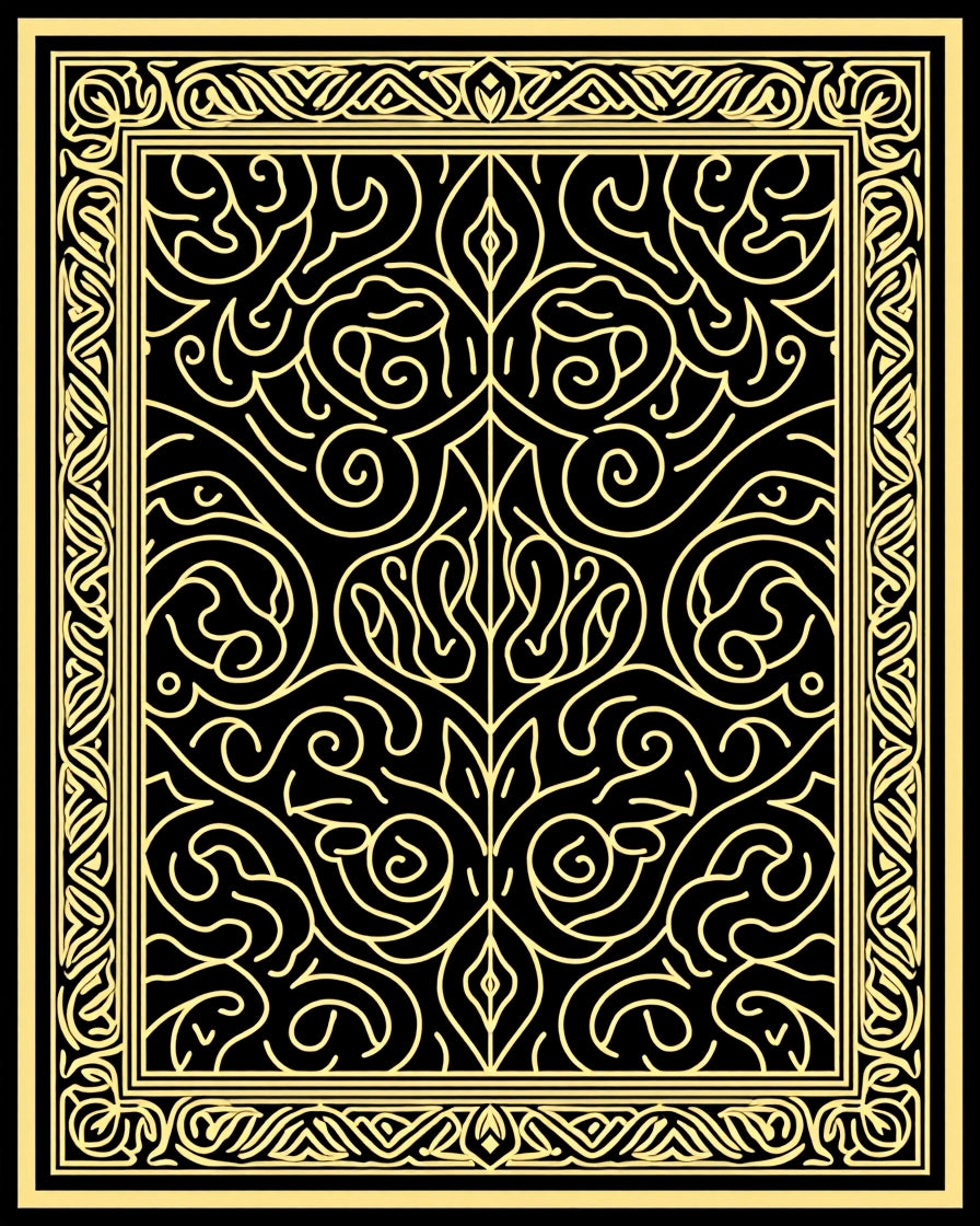 Intricate Black and Gold Floral Scroll Rug